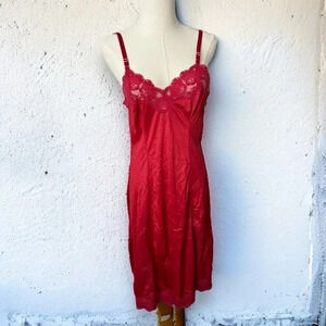 Vintage red nylon and lace  slip dress M